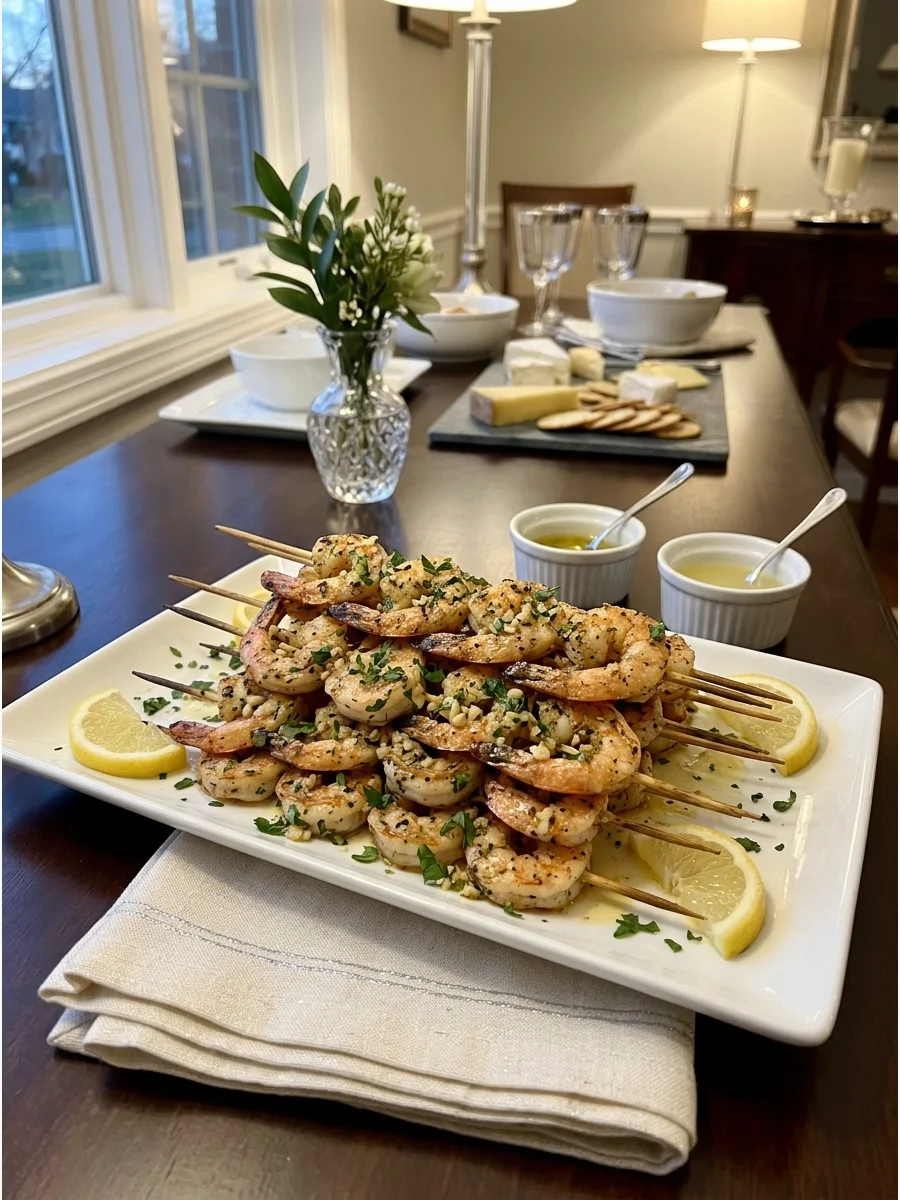 Grilled shrimp skewers seasoned with herbs and garlic on a white plate.
