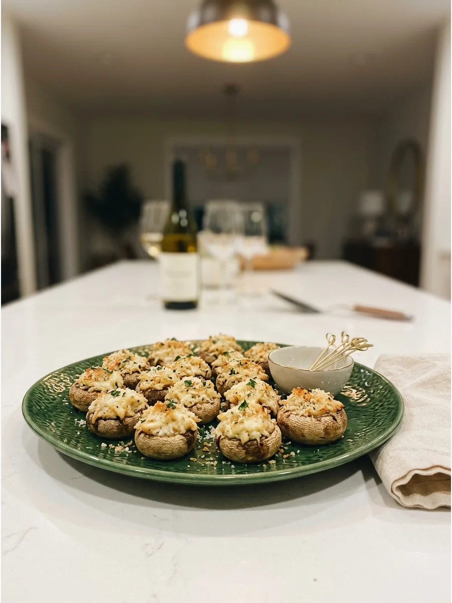 Warm crab-stuffed mushrooms with a toasted breadcrumb and cheese topping.