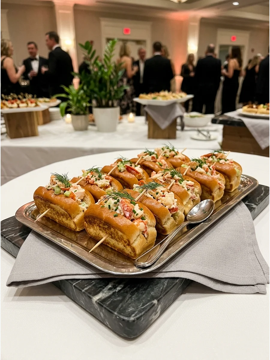 Miniature lobster rolls on toasted buns arranged on a silver serving tray.
