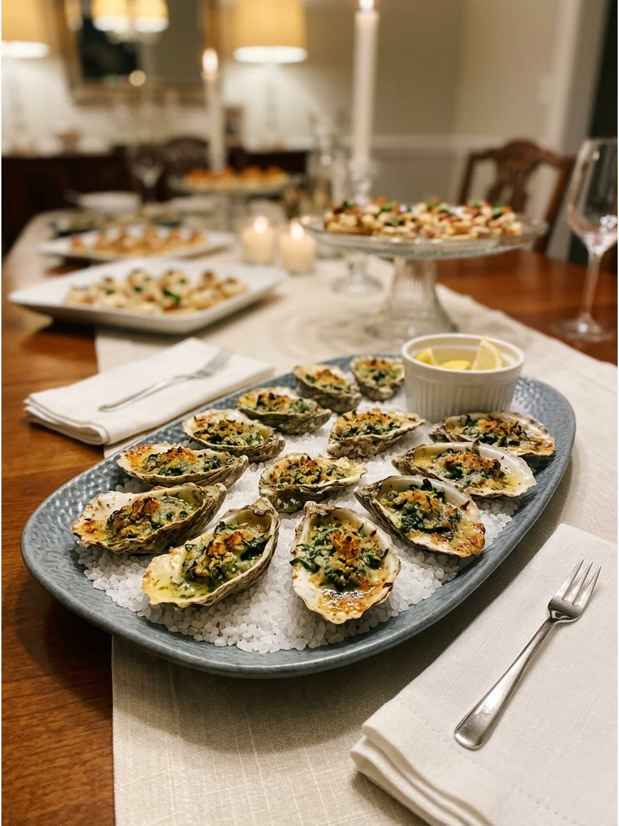 Oysters Rockefeller baked with spinach and breadcrumbs on a bed of salt.