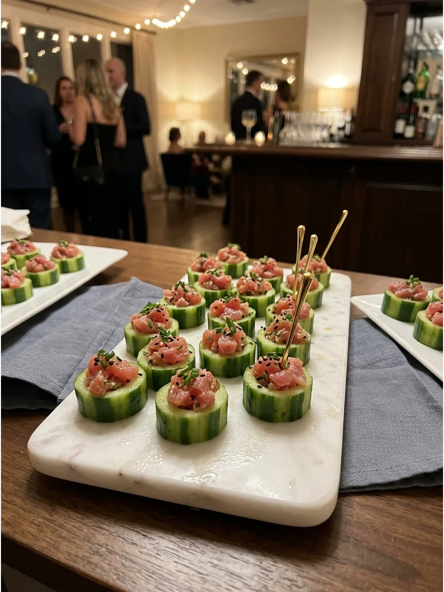 Fresh tuna tartare served in hollowed cucumber slices on a marble board.