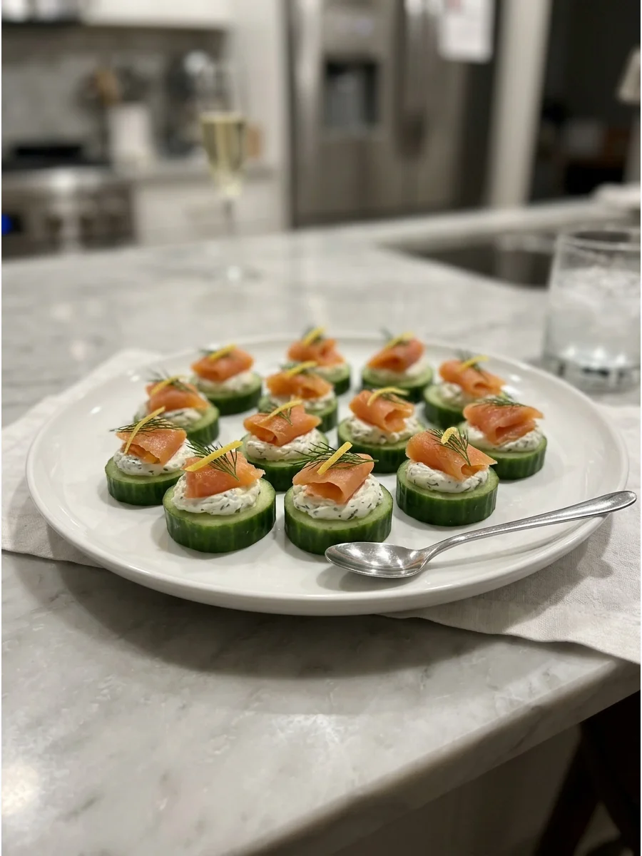 Cucumber rounds topped with smoked salmon and cream cheese.
