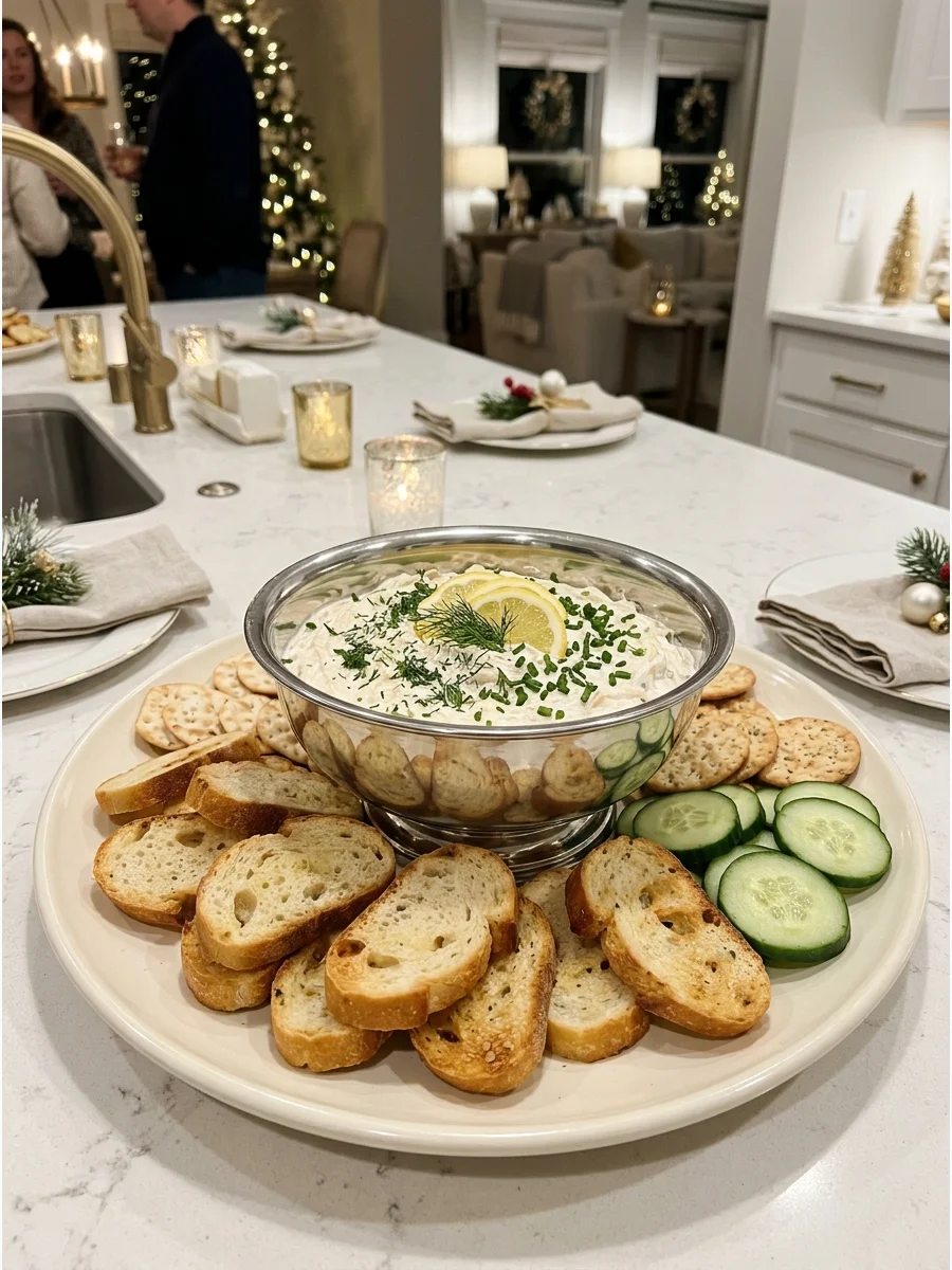 Creamy smoked fish dip served with toasted baguette slices on a platter.