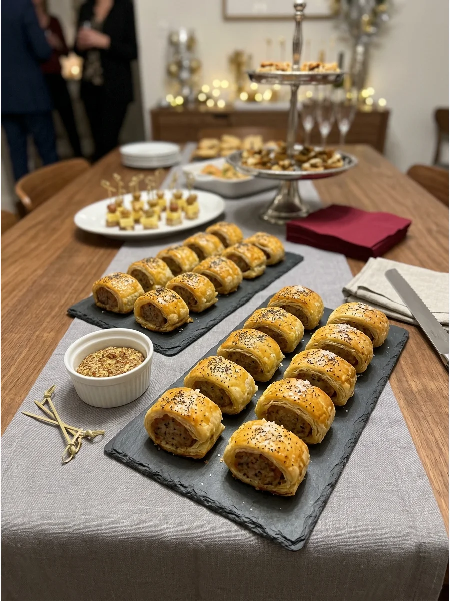 A of flaky sausage rolls on a dark grey serving tray.
