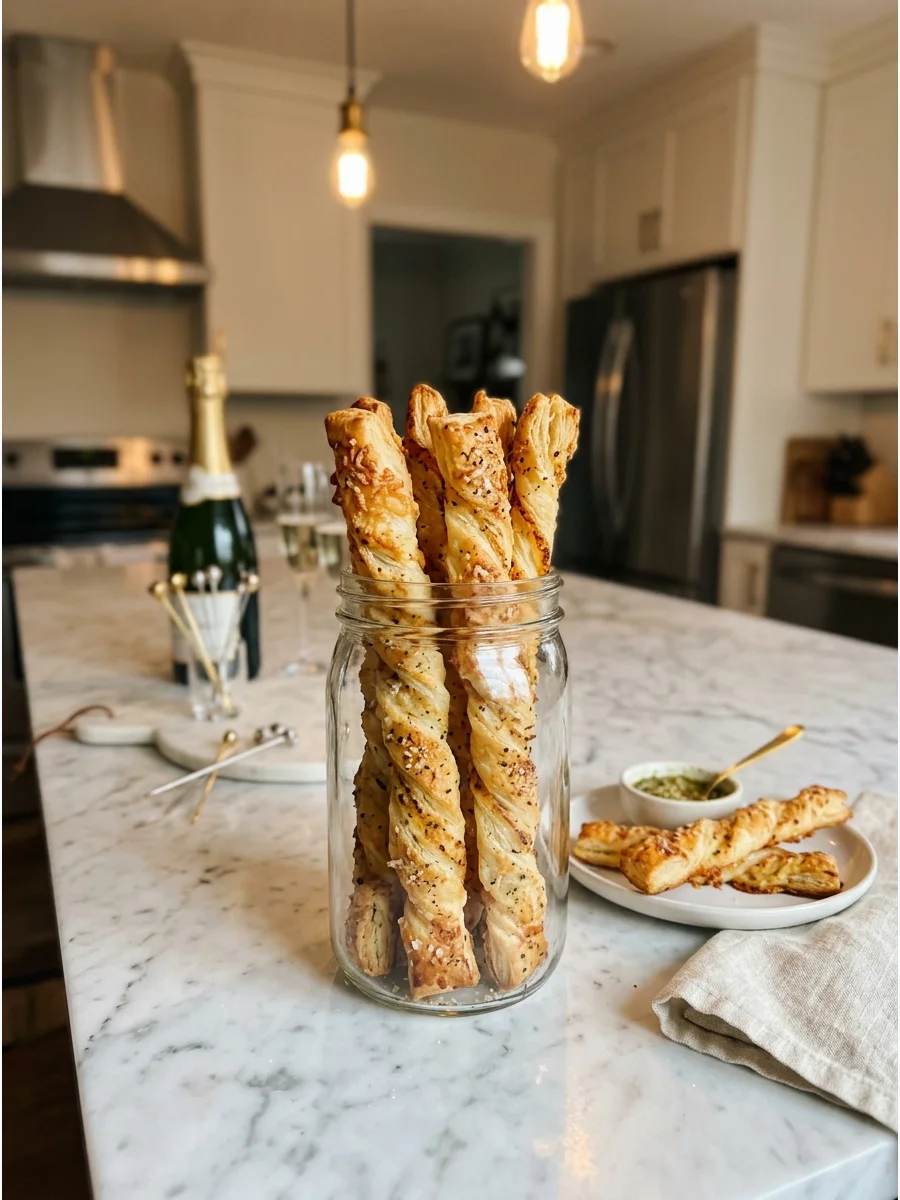 Tall puff pastry twists with parmesan cheese in a clear glass jar.