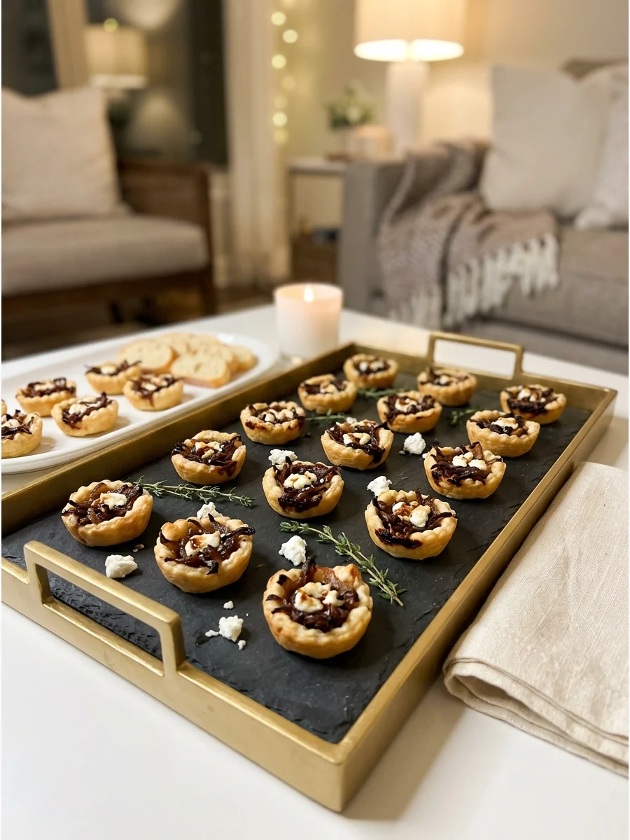 Mini tartlets with caramelized onions and goat cheese on a metallic tray.