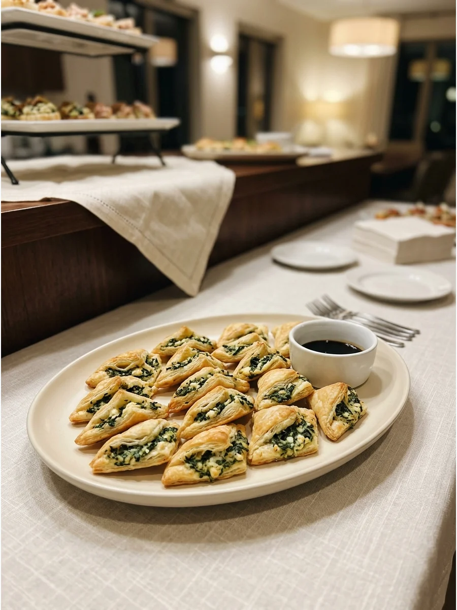 Flaky spinach and feta triangles on a light cream plate.