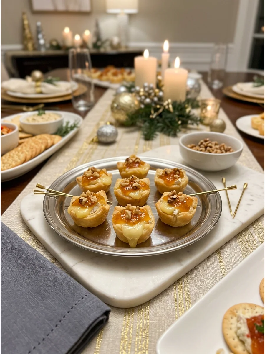 Brie bites with apricot jam in small pastry shells on a silver tray.