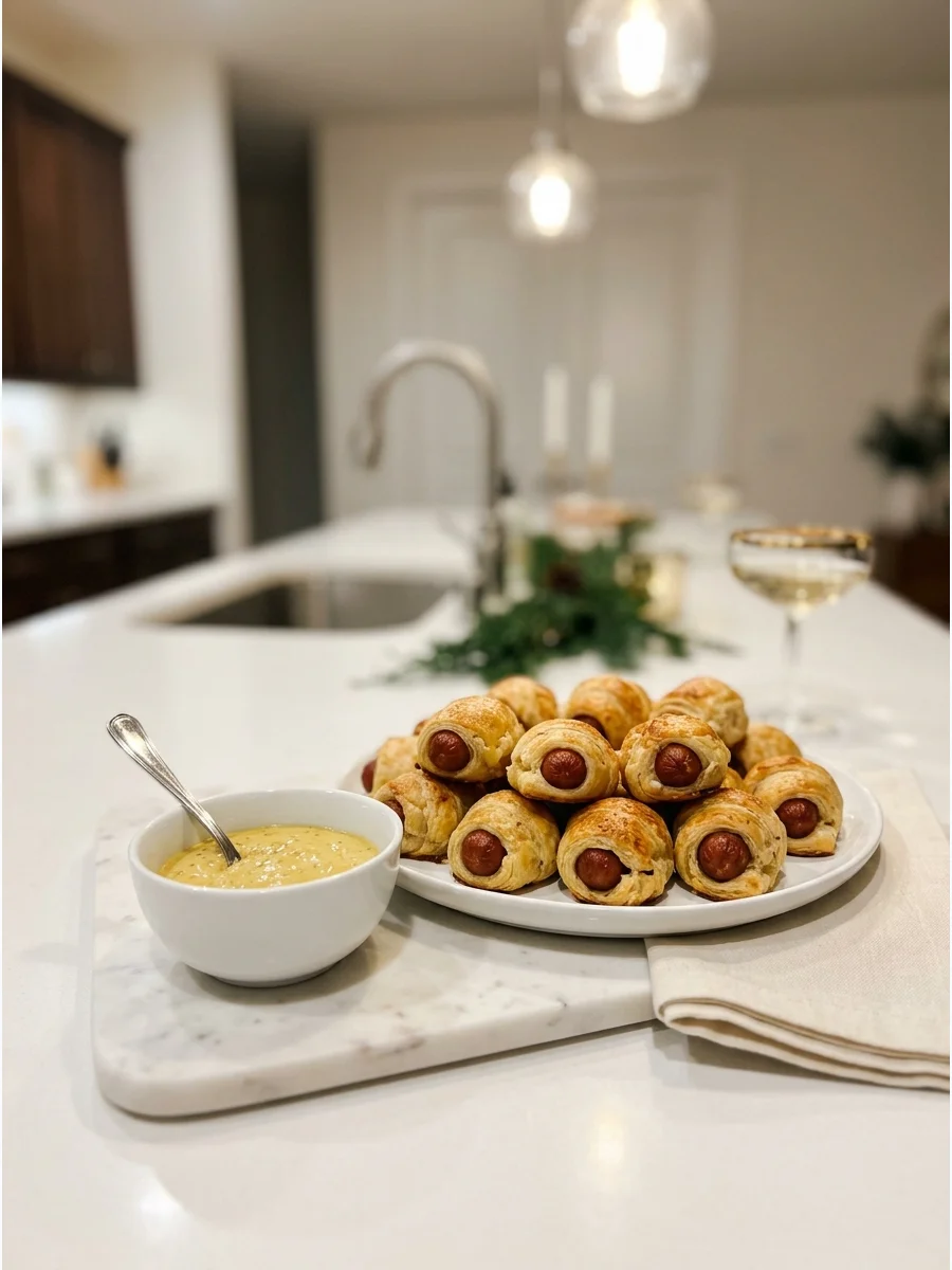 Classic pigs in a blanket served with a side of spicy mustard.
