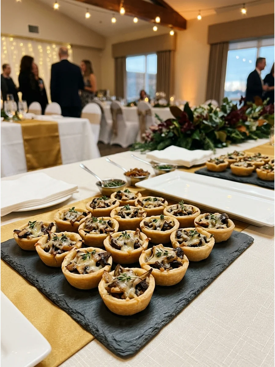 Savory mushroom and cheese tartlets on a dark grey board.