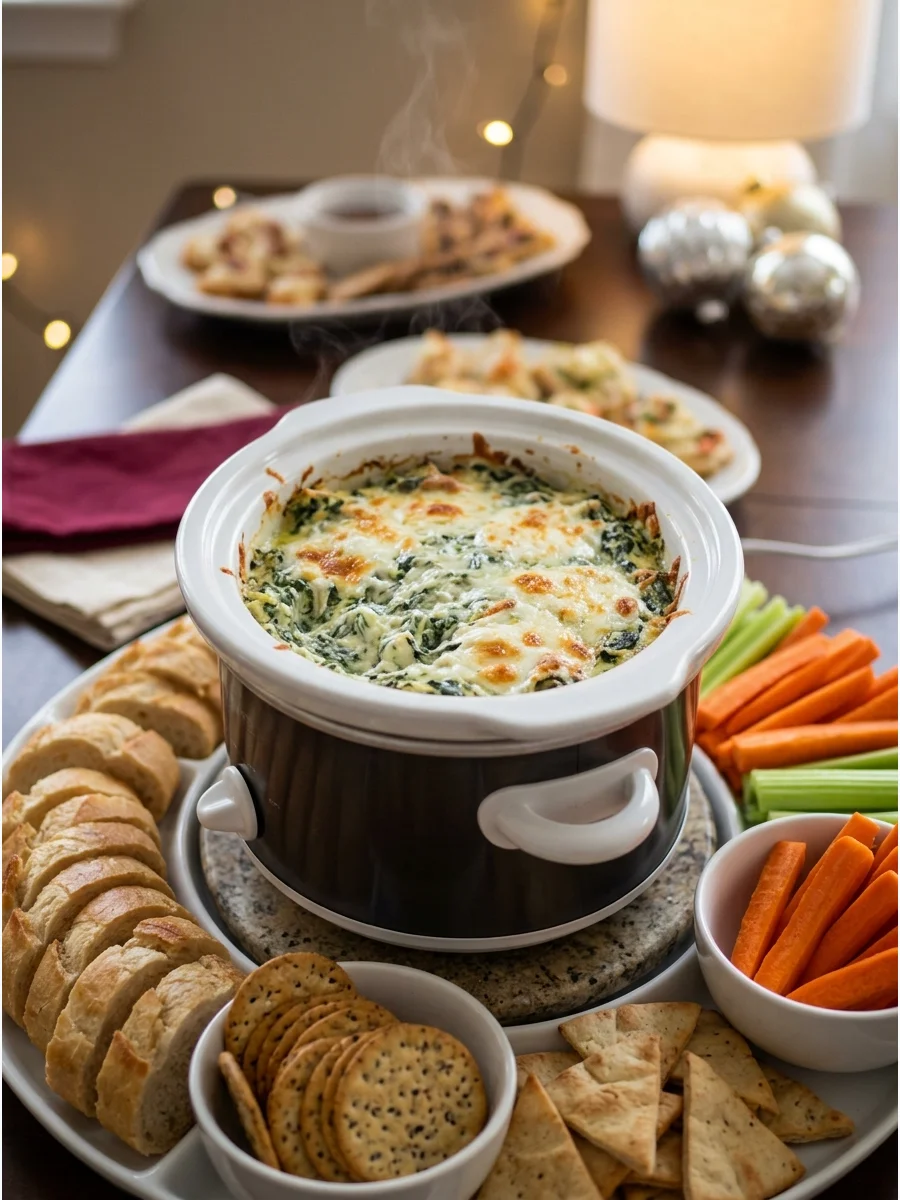 Hot spinach artichoke dip in a white dish with bread slices nearby.