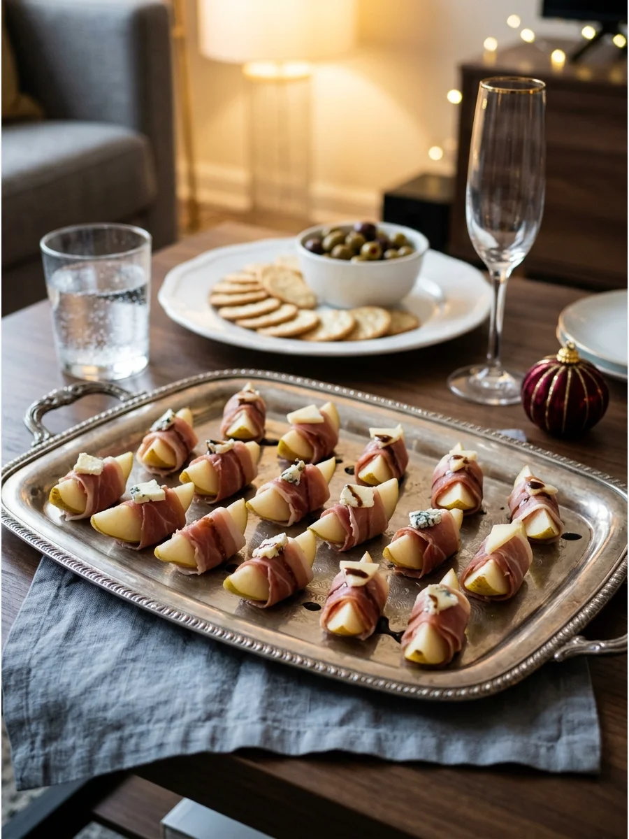 Pear wedges wrapped in prosciutto on a silver tray.