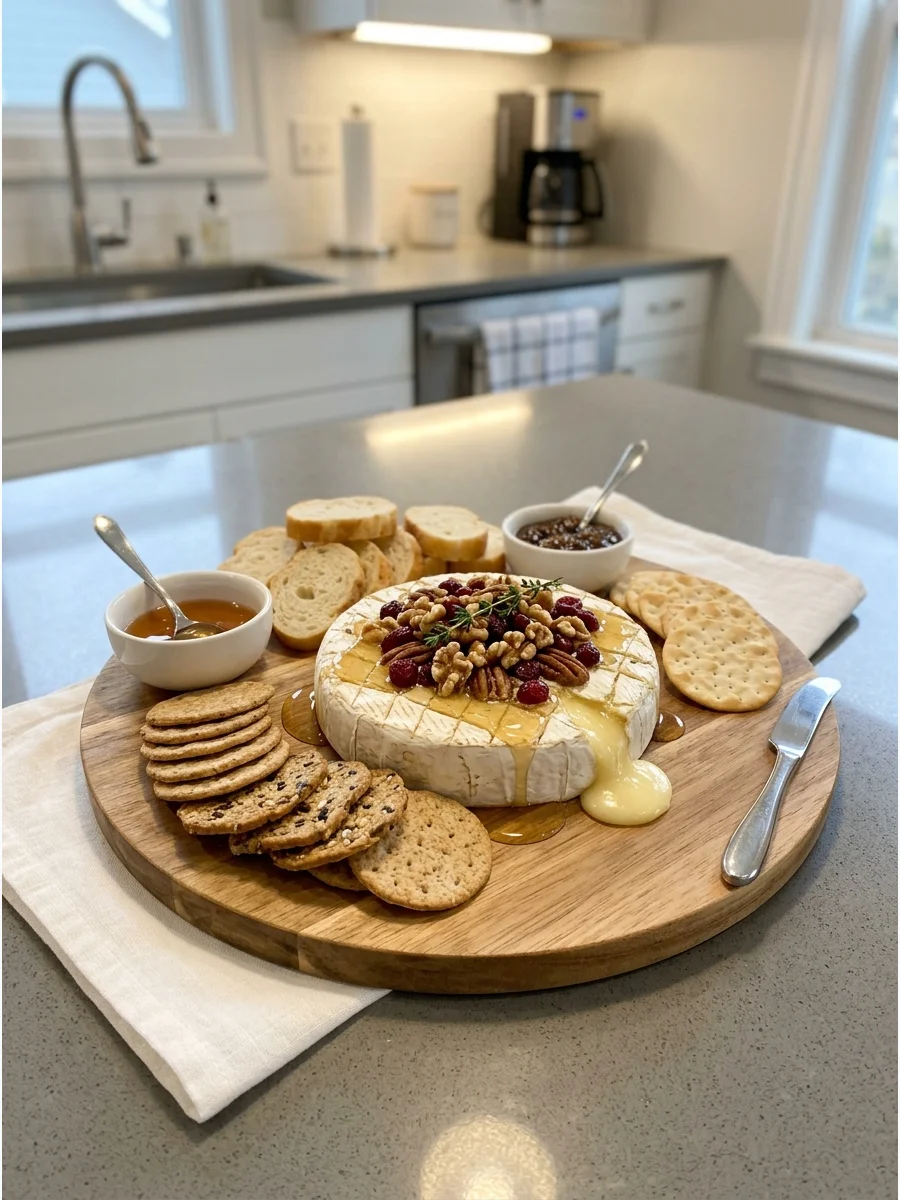 Baked brie wheel with honey and pecans on a serving board.