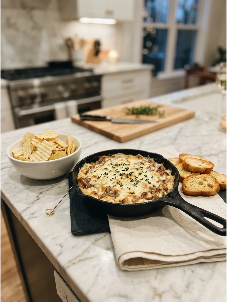 Warm onion dip in a skillet with chips on the side.