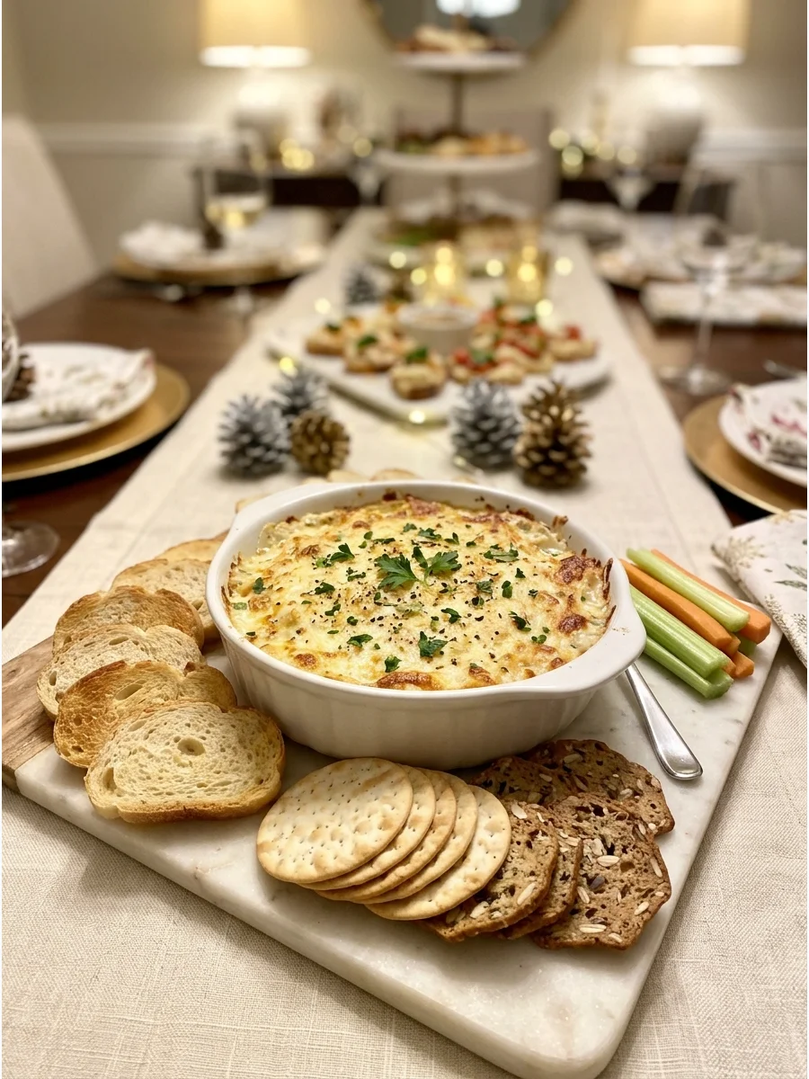 Hot crab dip in a bowl with toasted bread slices.