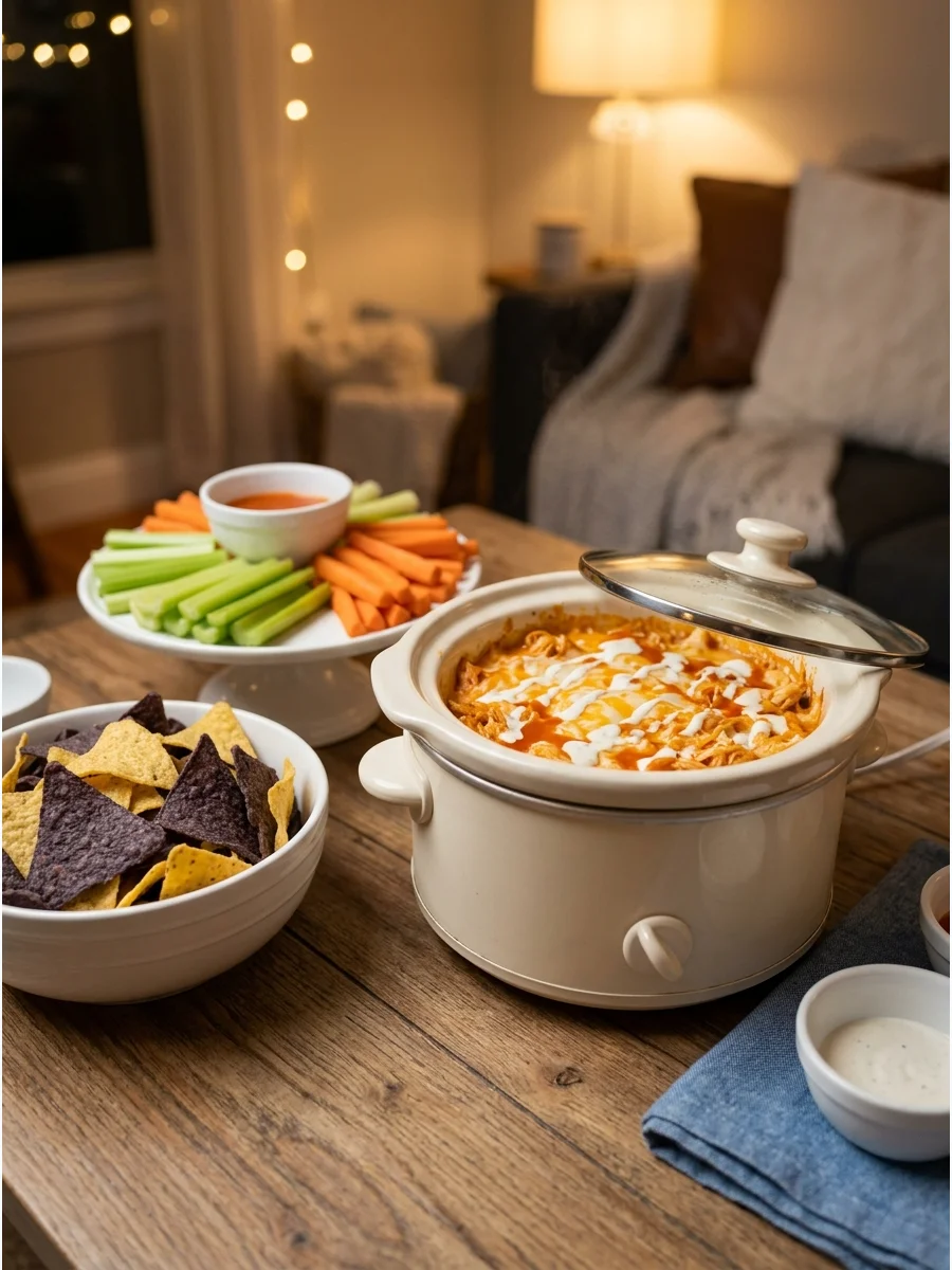 Buffalo chicken dip in a slow cooker with celery sticks.