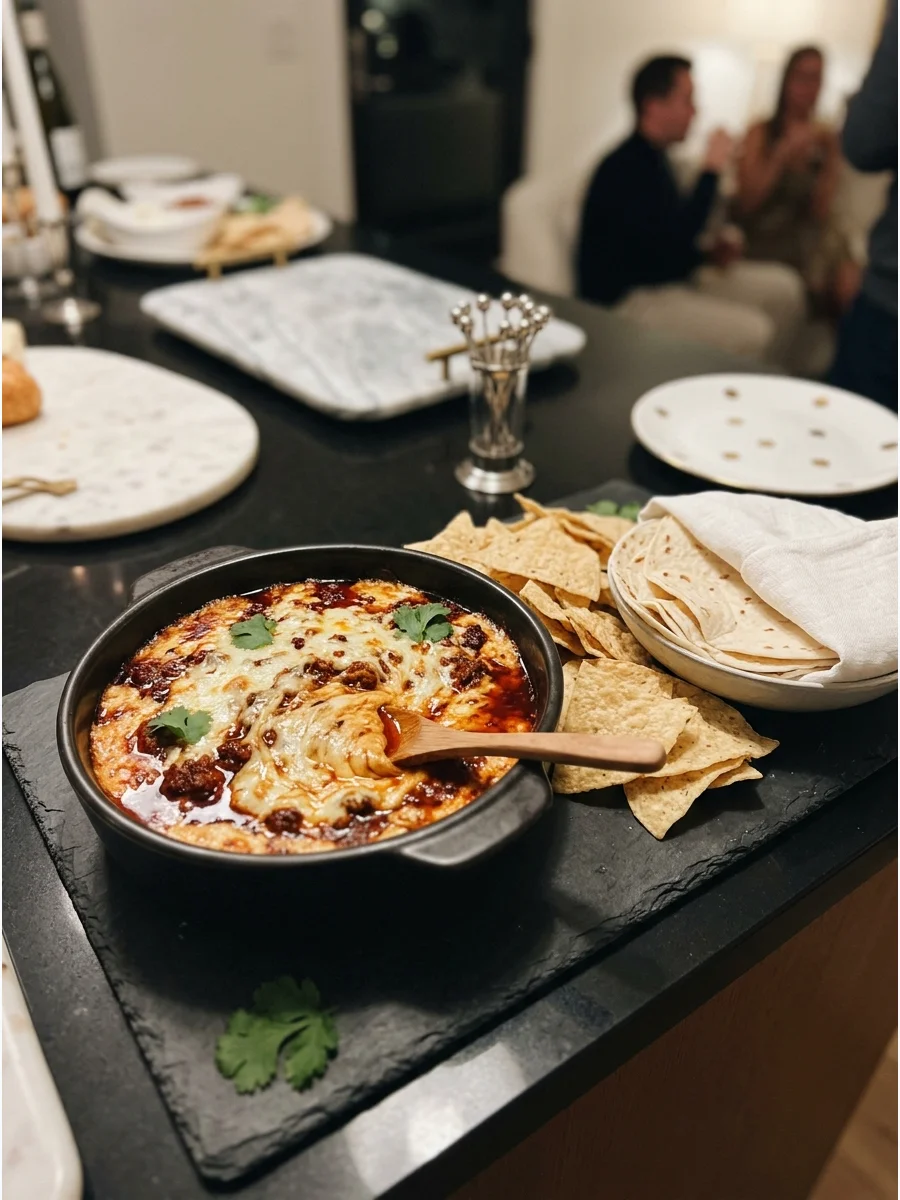 Melted cheese and chorizo dip with tortilla chips.