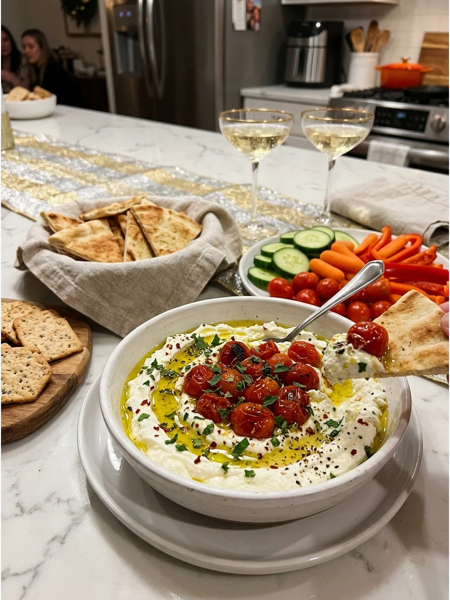 Whipped feta dip topped with roasted tomatoes and herbs.