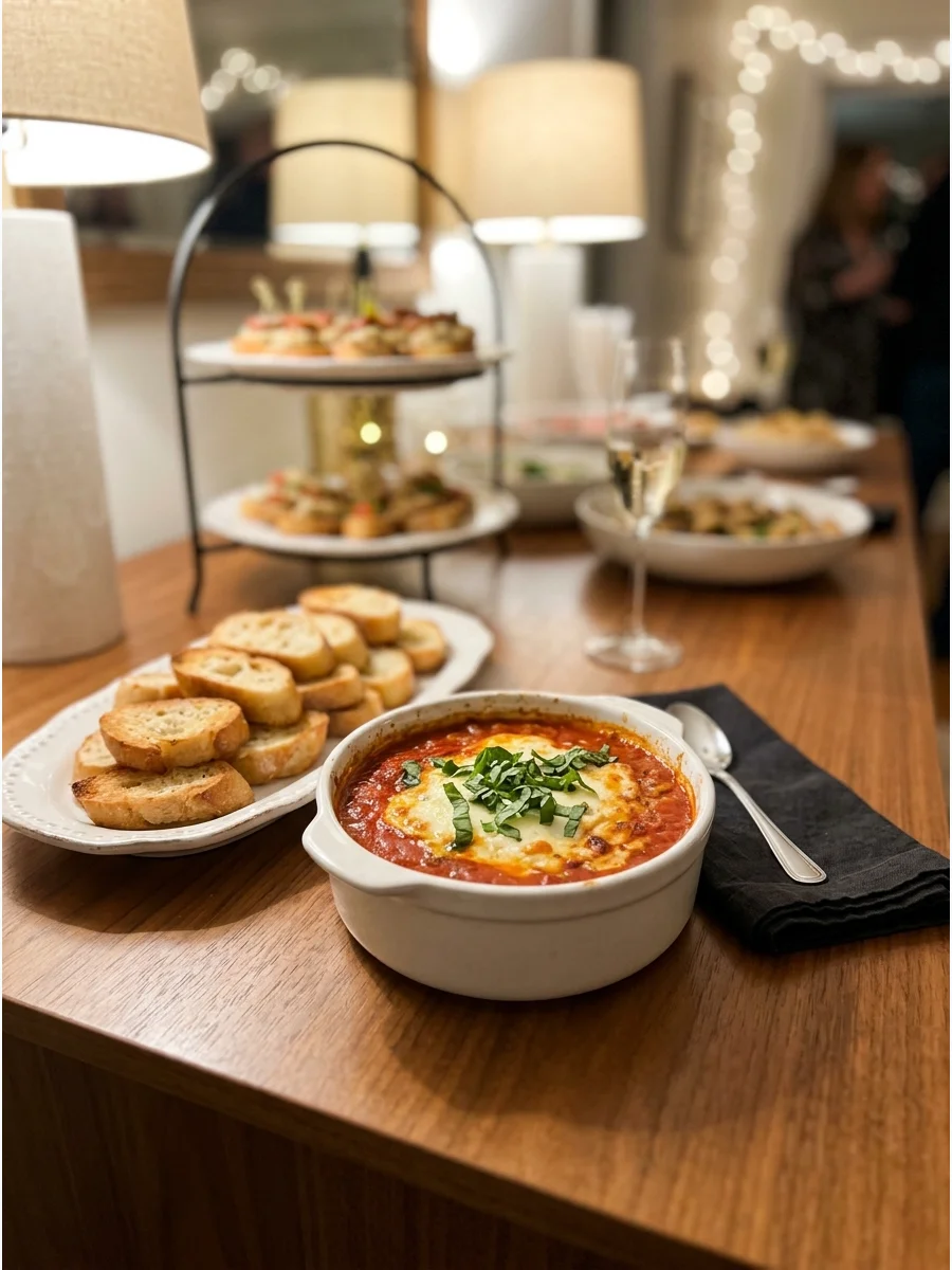 Baked goat cheese in red marinara sauce with bread.