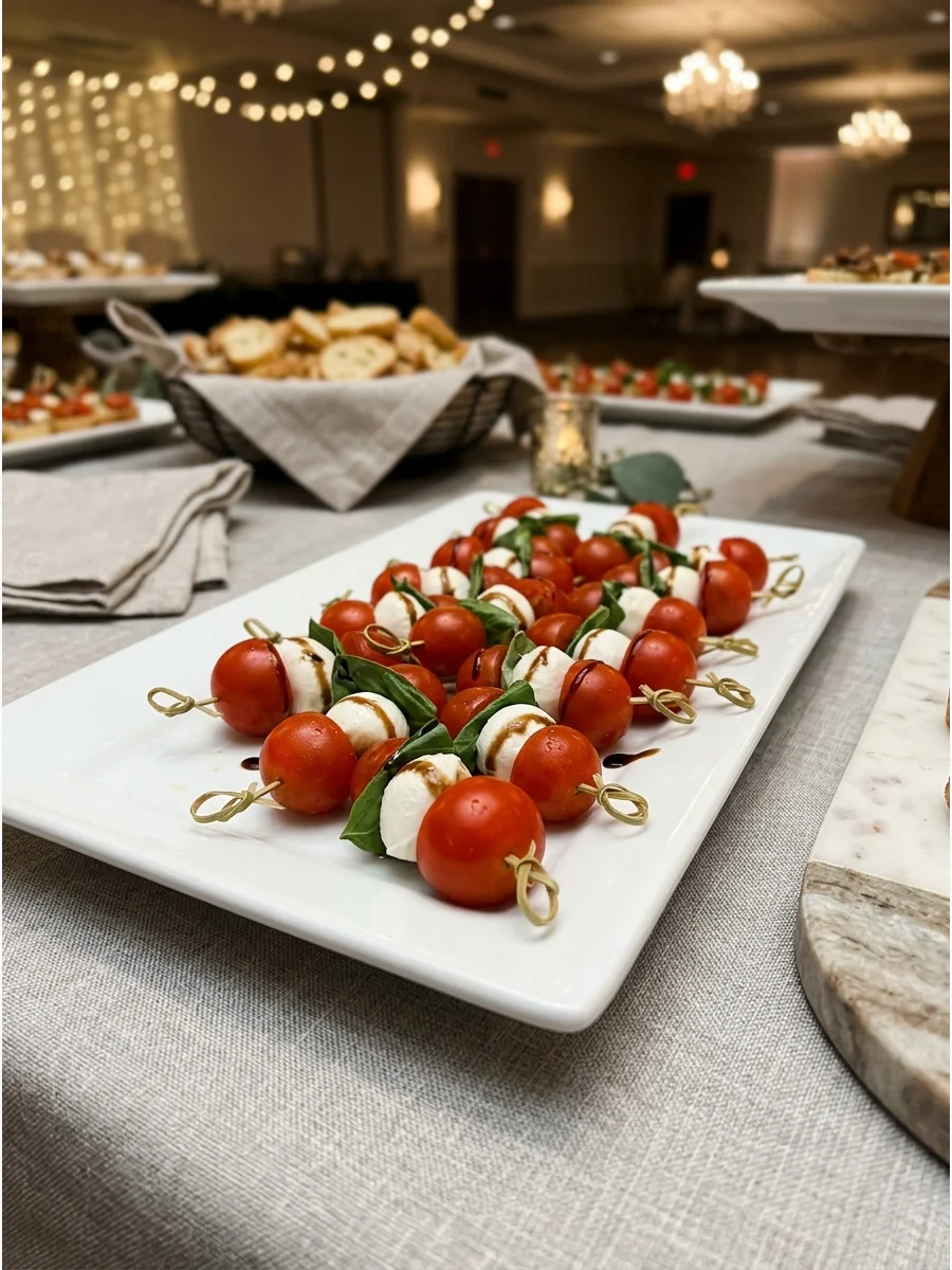 Small skewers with tomato, basil, and mozzarella balls.
