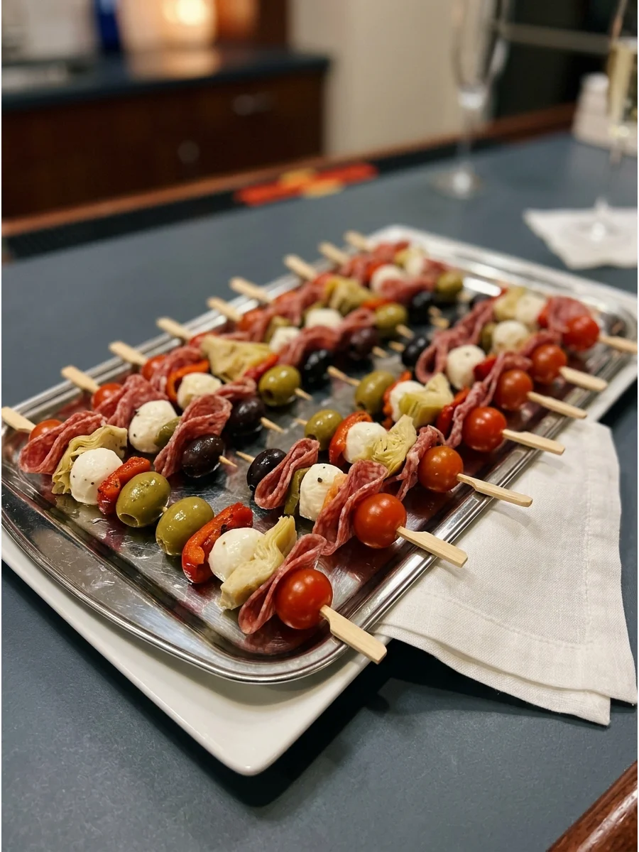 Antipasto skewers with salami, olives, and cheese cubes.