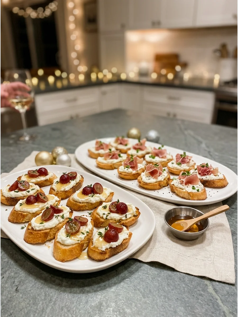 Ricotta crostini topped with honey and roasted grapes.