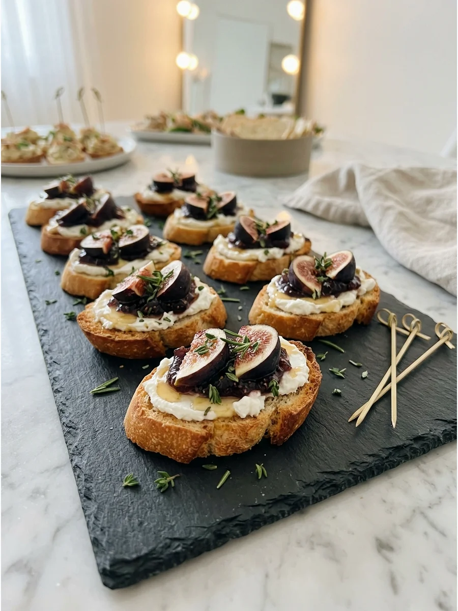 Crostini with goat cheese and figs on a dark board.