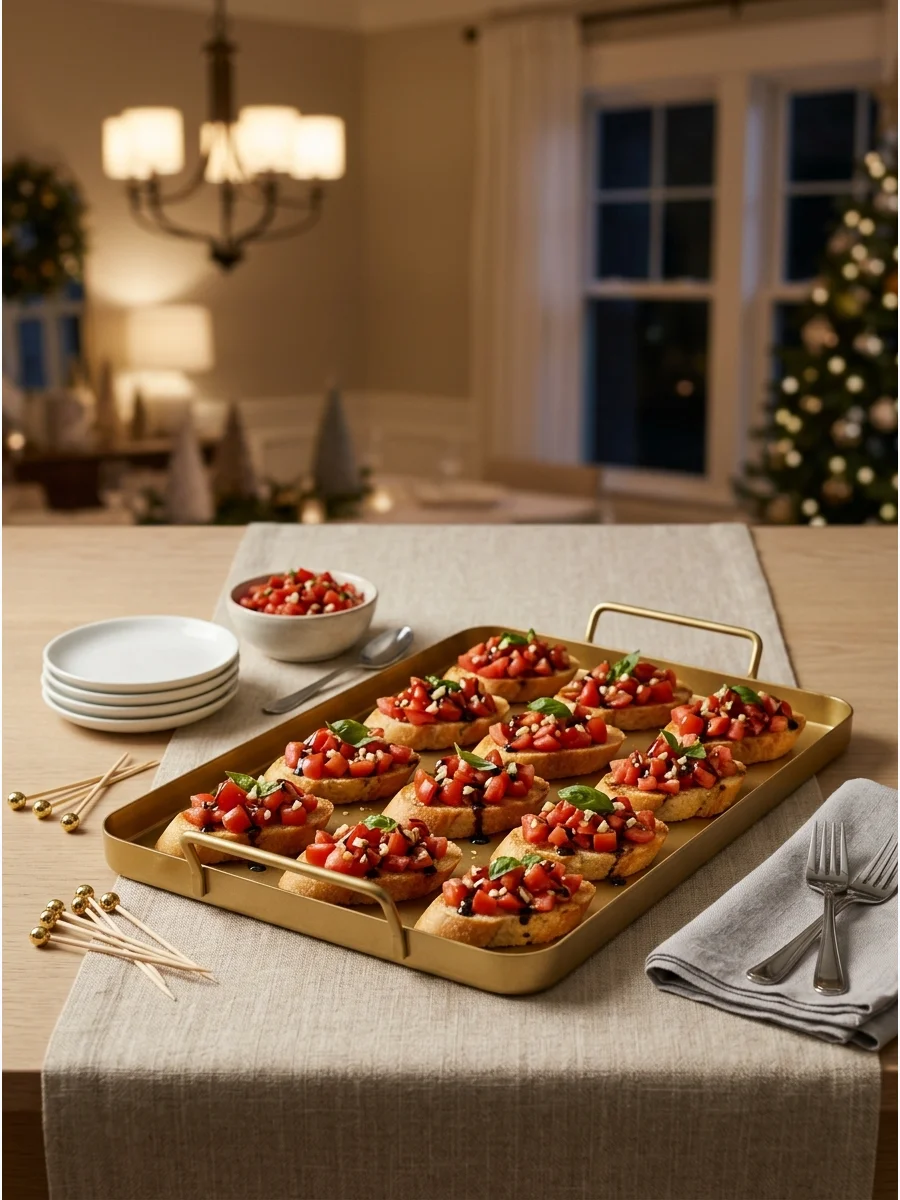 Tomato and basil bruschetta on toasted baguette slices.