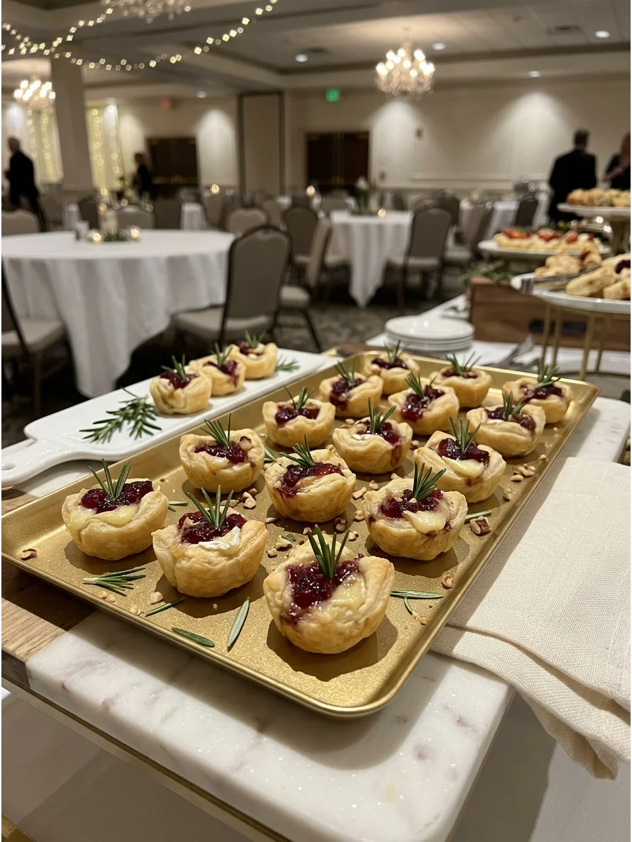 Mini brie and cranberry pastry bites on a gold tray.