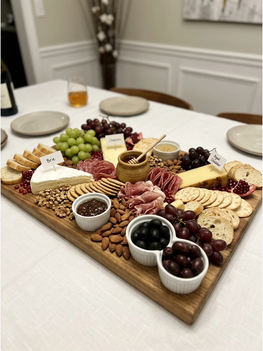 A large charcuterie board with various meats and cheeses on a dining table.