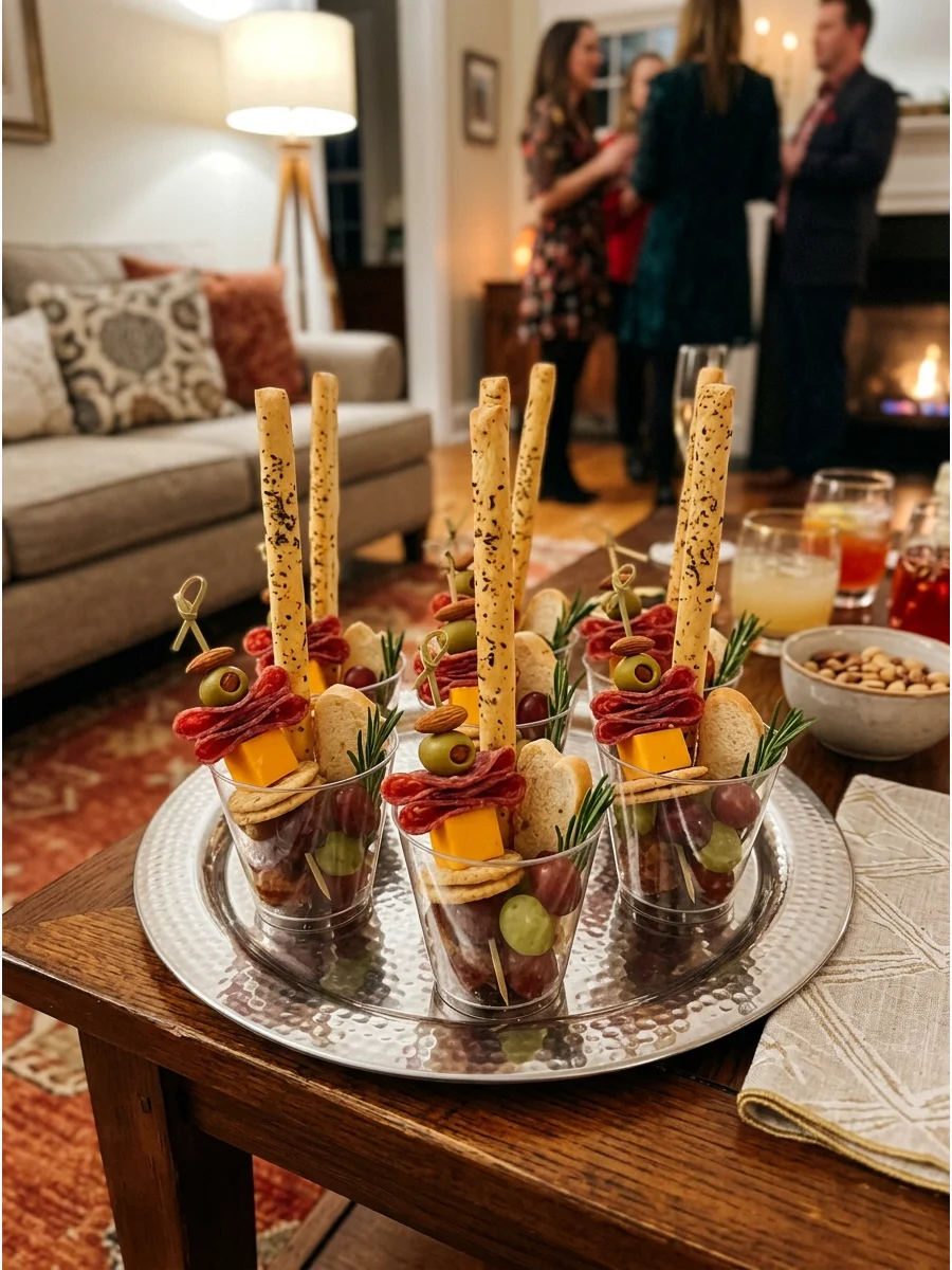 Small individual appetizer cups filled with snacks on a silver tray.
