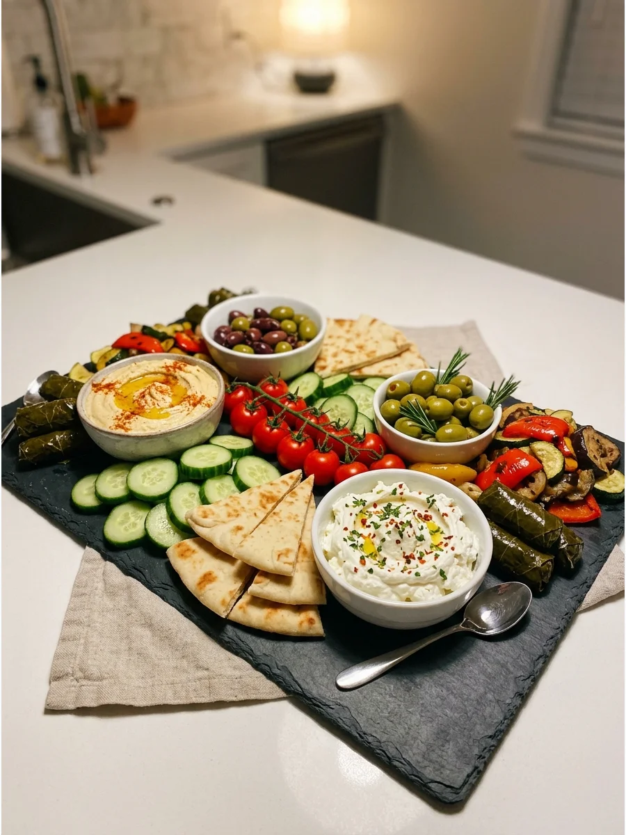 A Mediterranean snack board with hummus and pita bread.