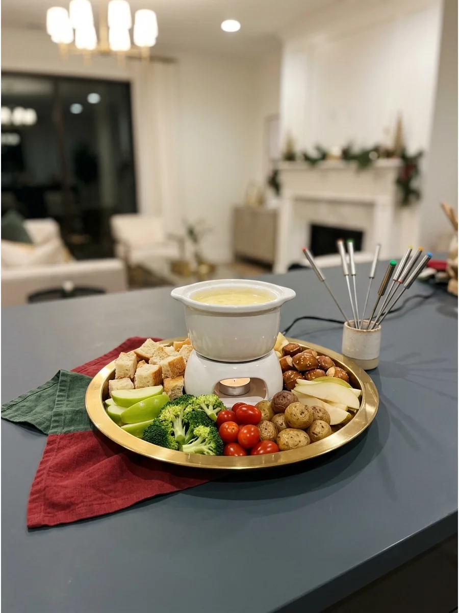 A cheese fondue pot surrounded by bread and fruit for dipping.