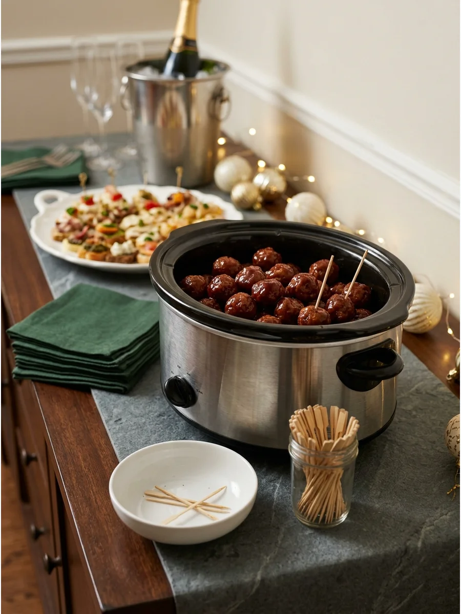 Glazed cocktail meatballs inside a slow cooker on a party table.