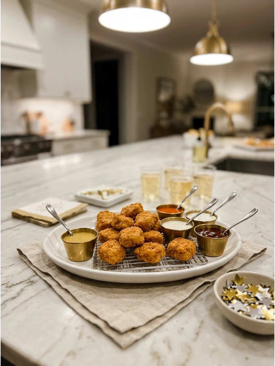 Breaded chicken bites on a platter with dipping sauces.