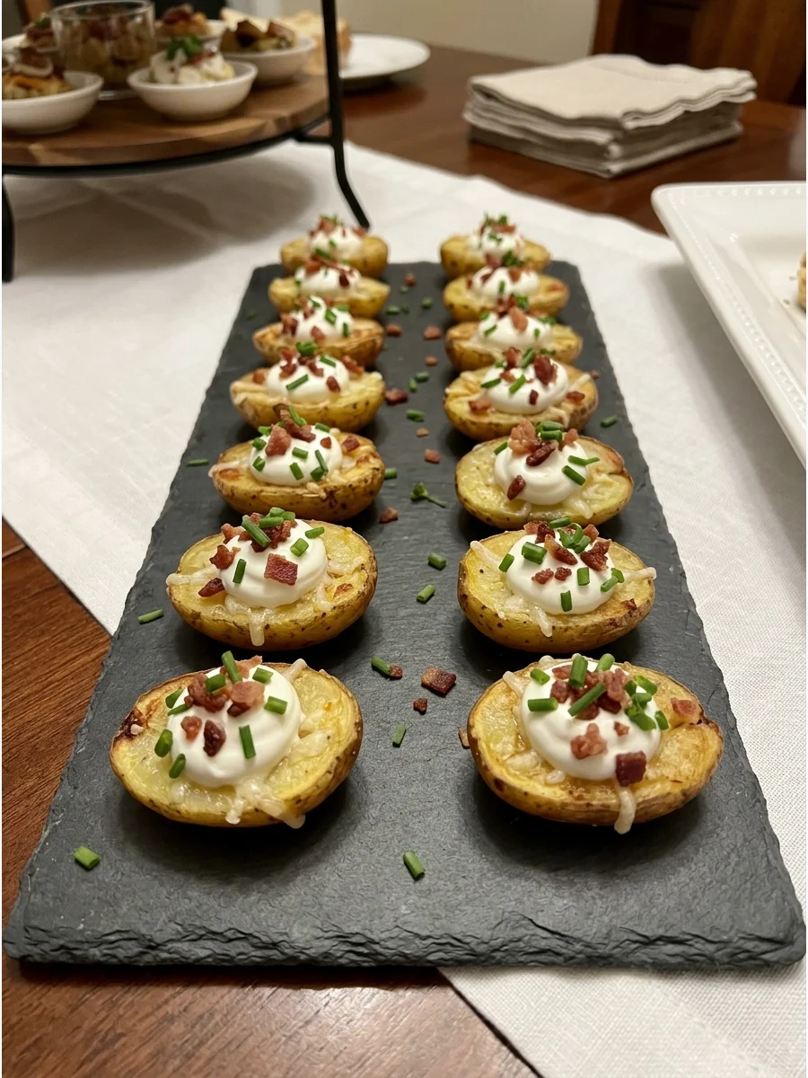 Miniature loaded potato bites on a serving tray.
