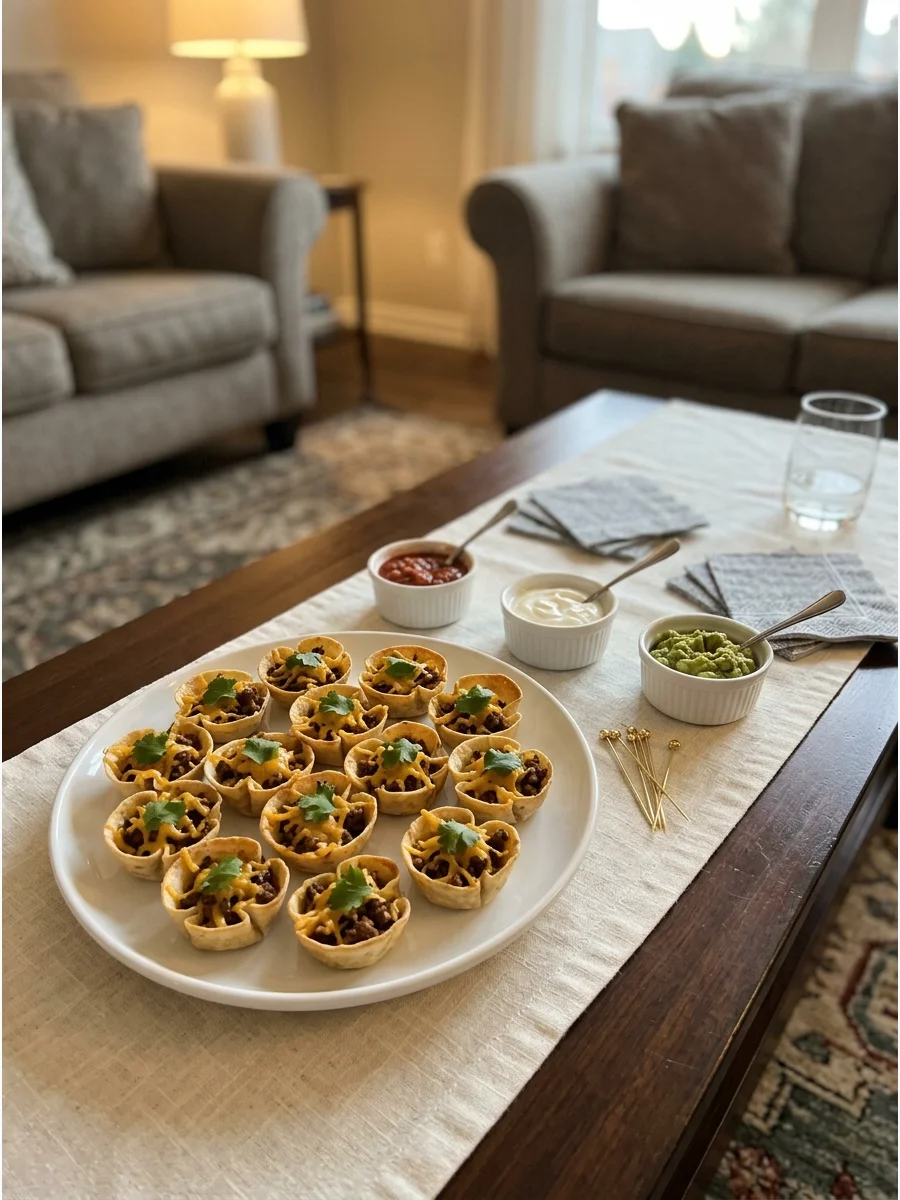 Bite-sized taco cups filled with beef and cheese.