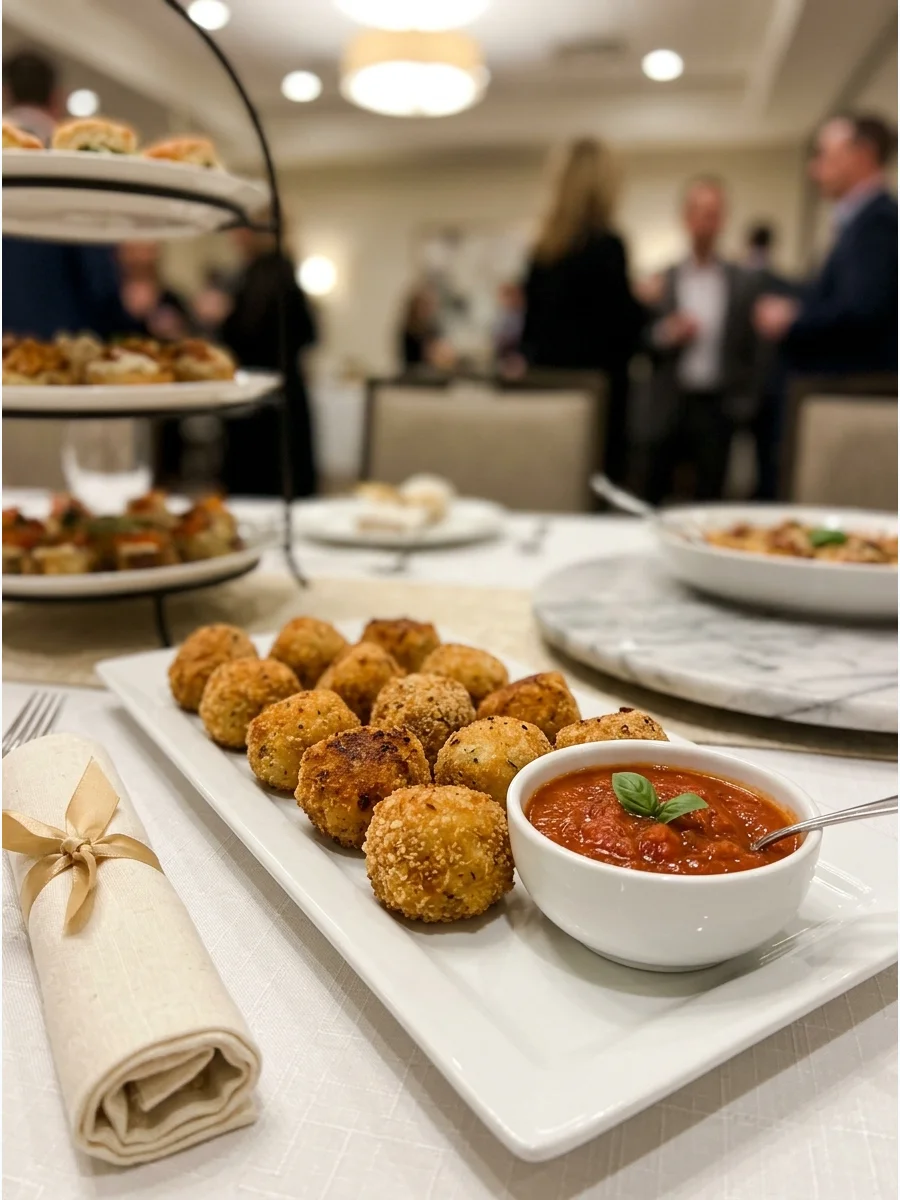 Golden fried arancini balls served with marinara sauce.