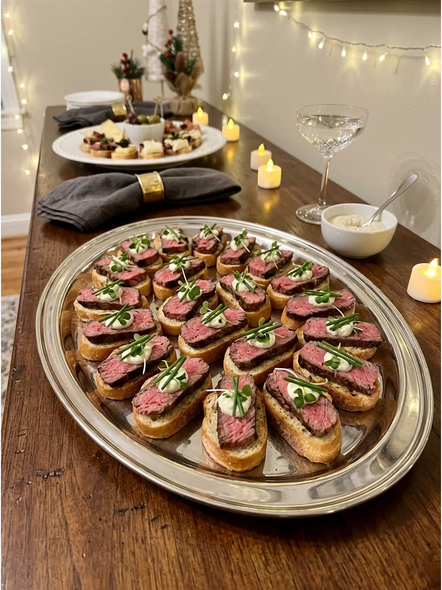 Steak crostini with white sauce and green chives.