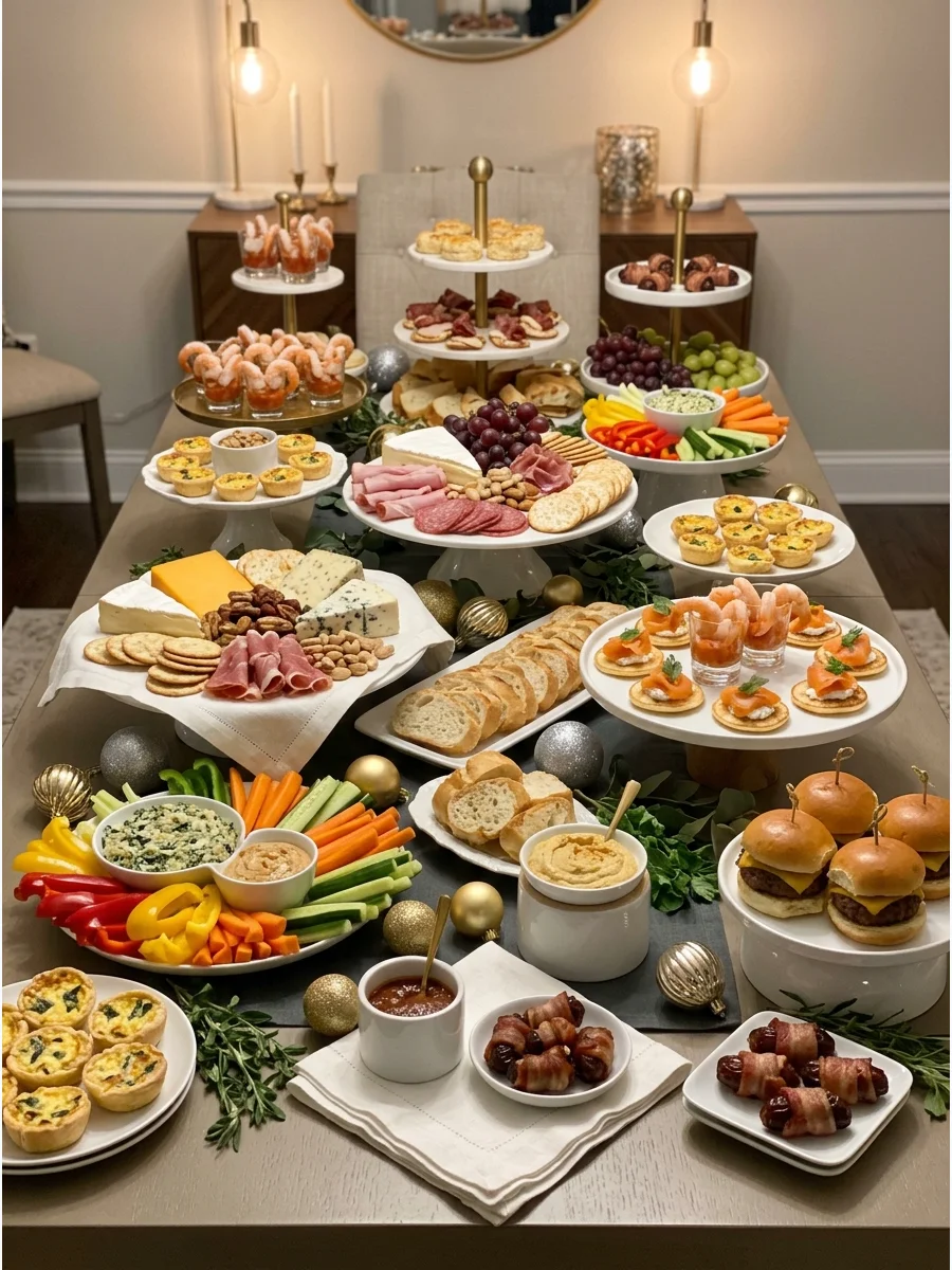 A large and abundant grazing table filled with various party appetizers.