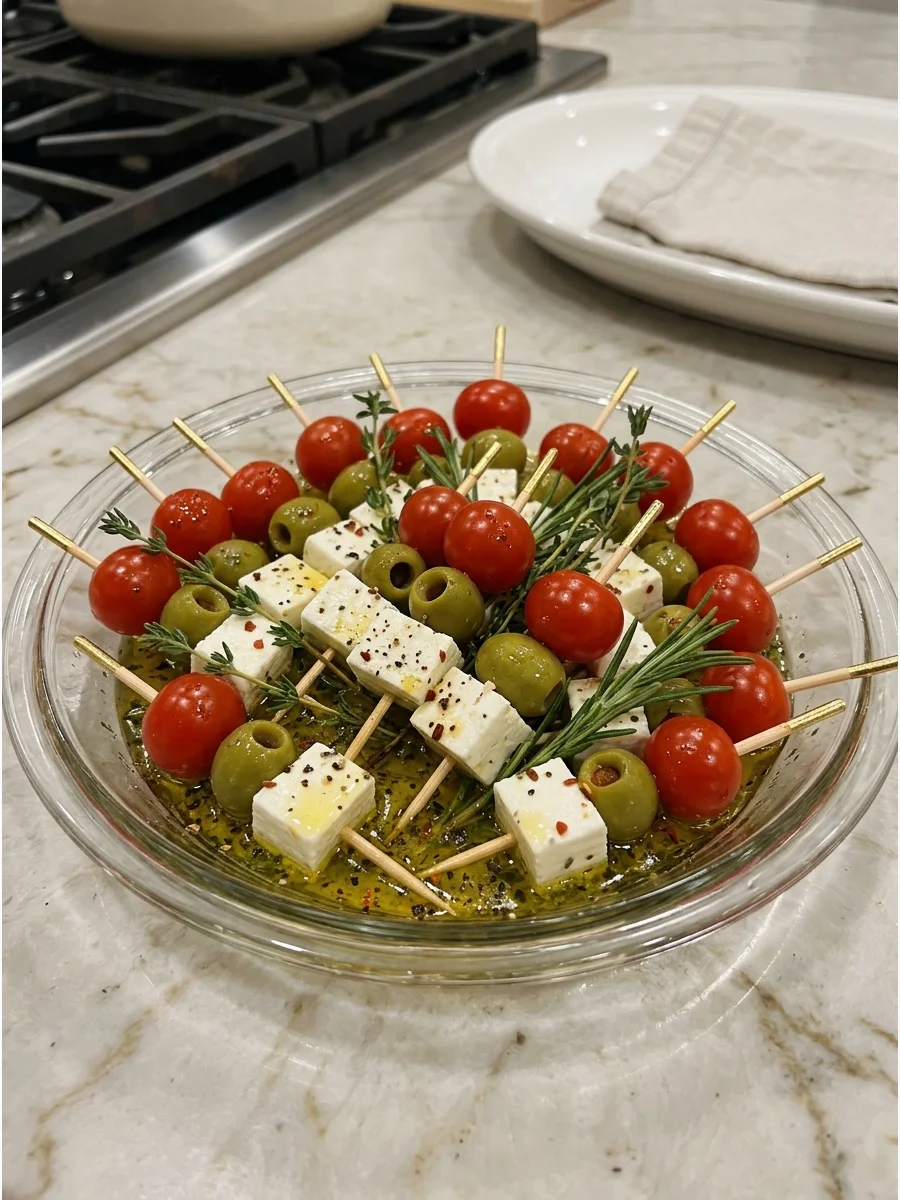 Feta and olive skewers in a glass serving bowl.