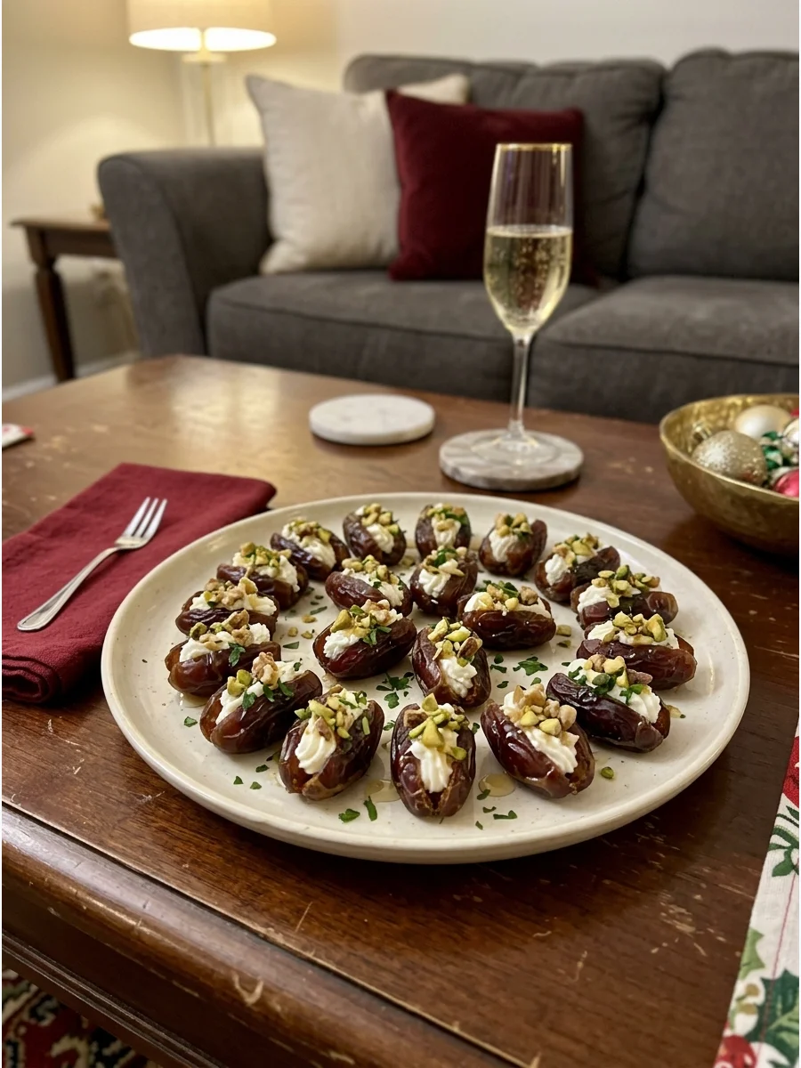 Dates stuffed with white goat cheese on a plate.