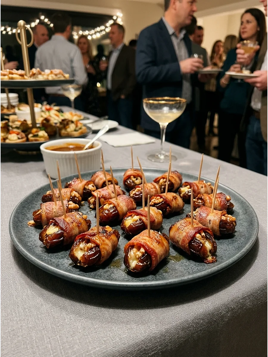 Bacon wrapped dates with toothpicks on a platter.