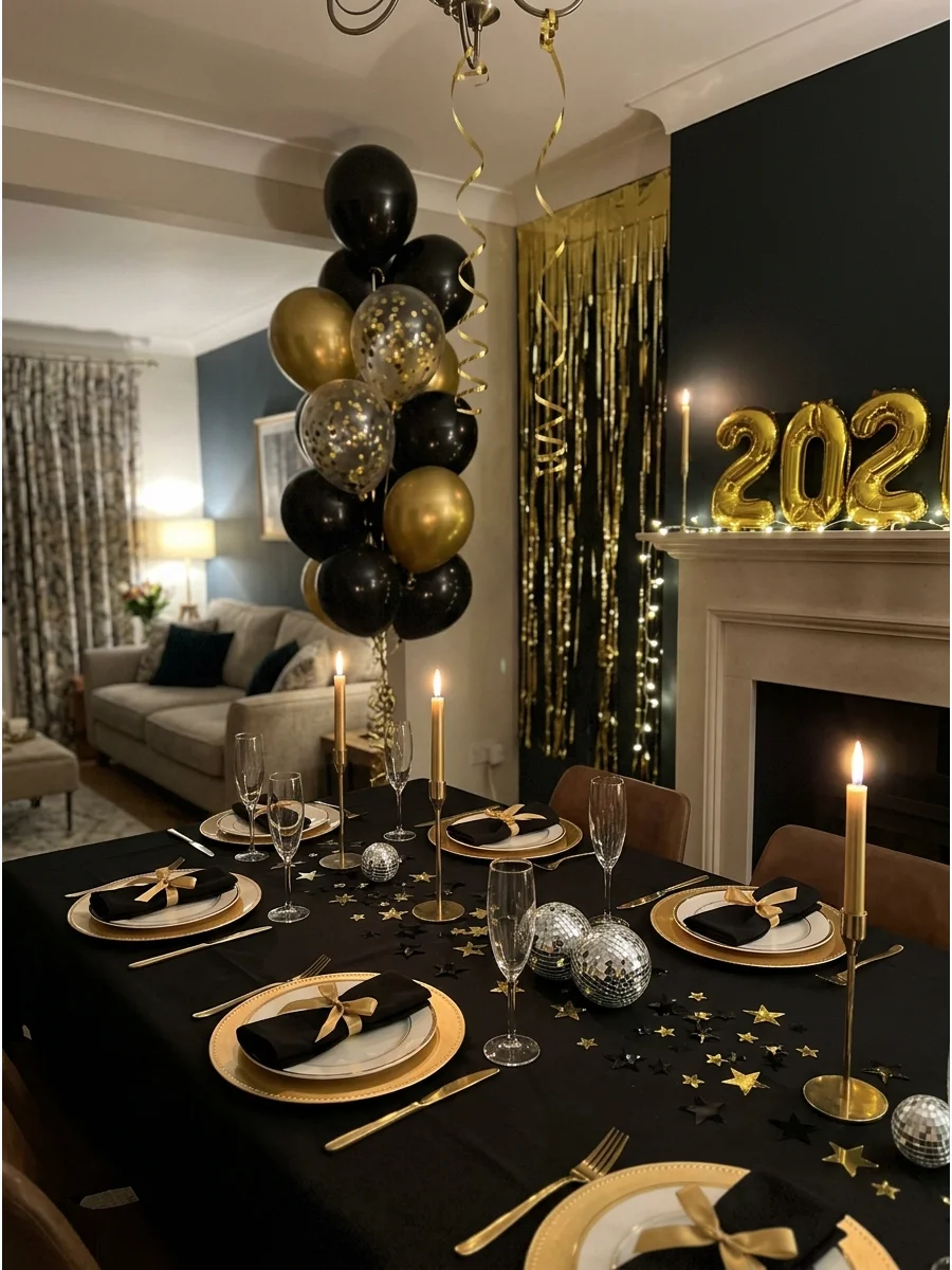 Black and gold New Year's Eve decorations in a living room.