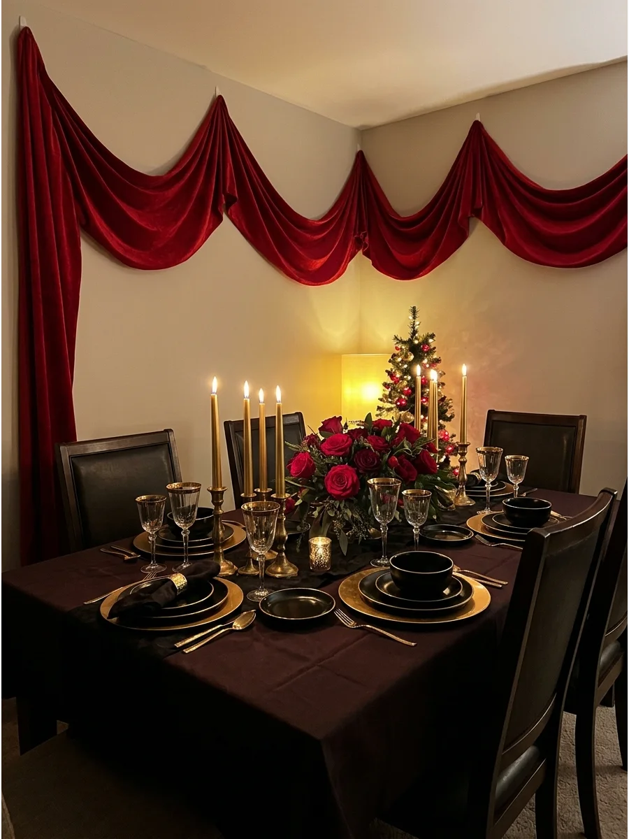 Opera-inspired New Year's Eve dining room decor.