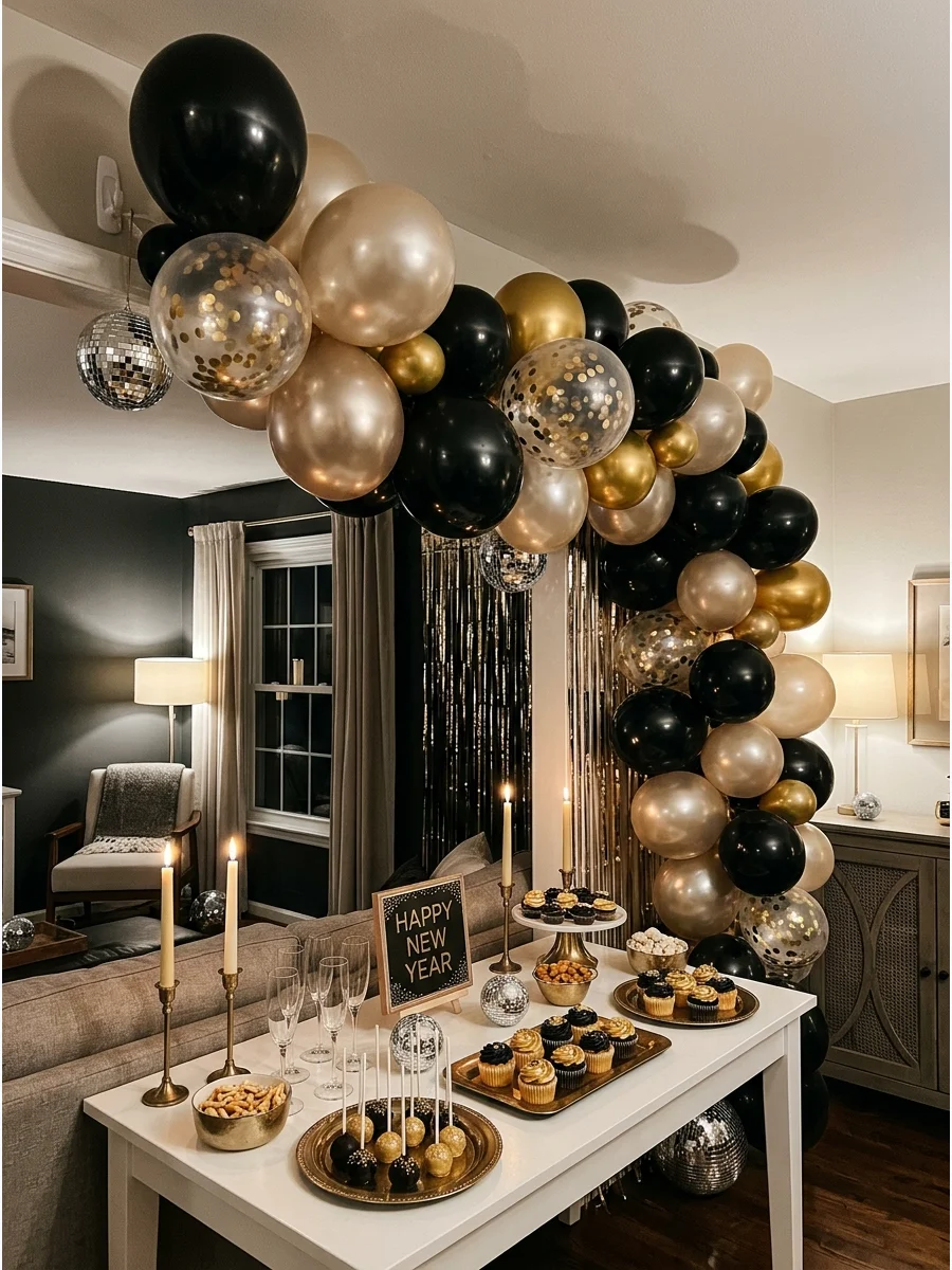 A black and gold balloon garland draped over a party table.