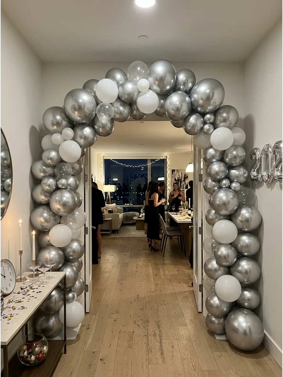 A metallic silver balloon arch framing a doorway.