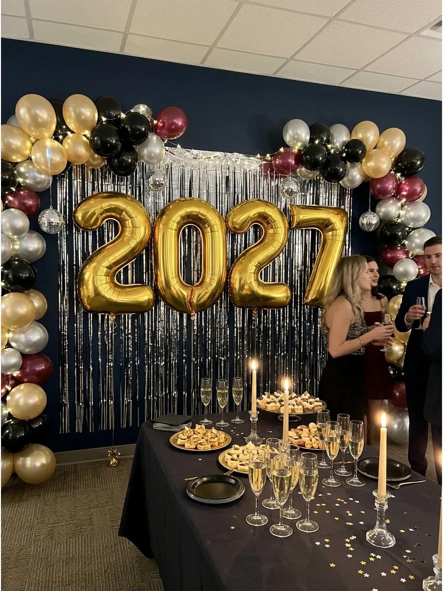 Giant gold 2027 balloons on a dark blue wall.