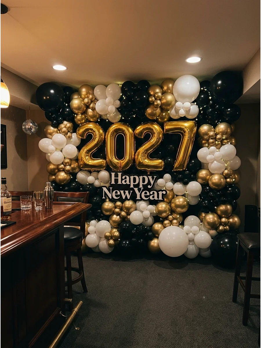 A full wall covered in various sized balloons for a photo backdrop.