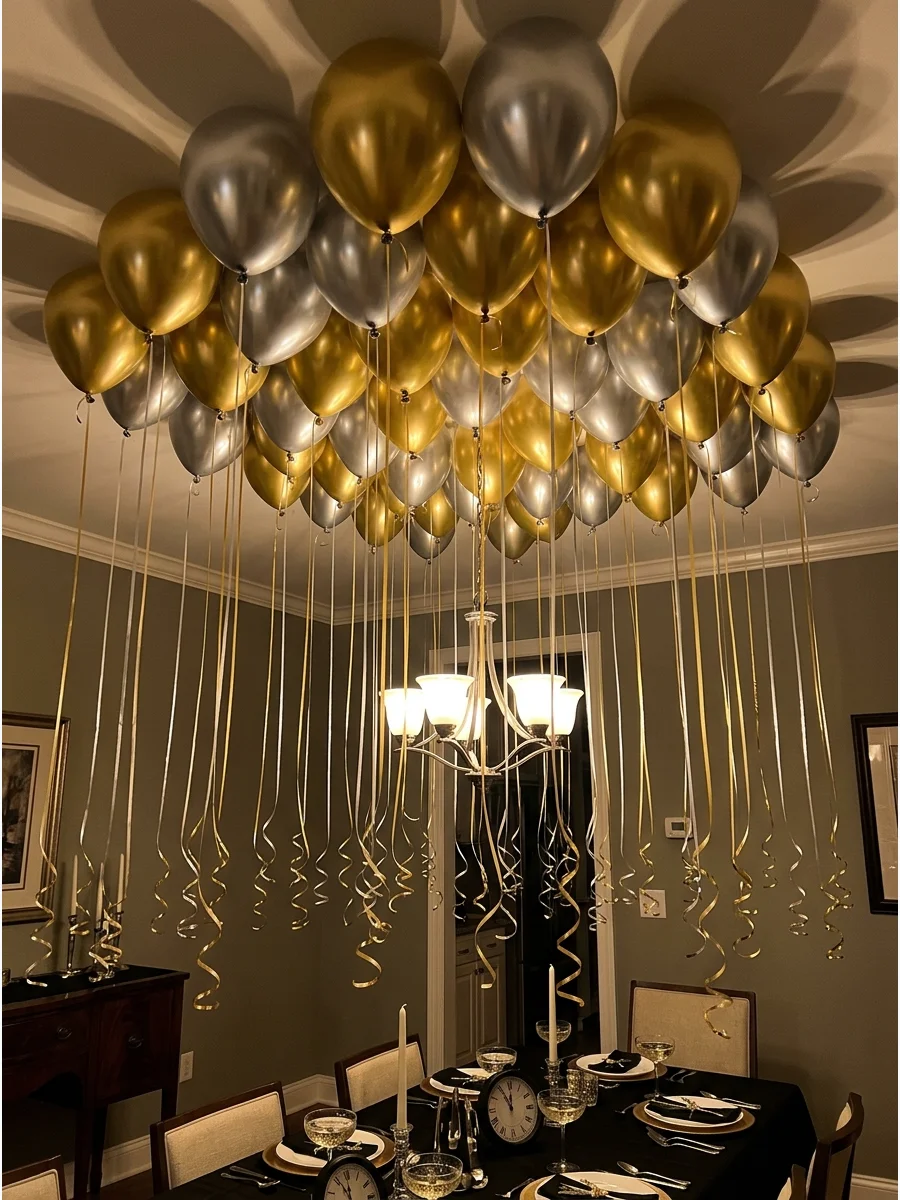 Helium balloons with ribbons covering a dining room ceiling.